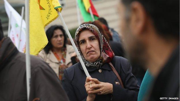 Demonstrators hold Kurdish flags at a rally by expatriate-Kurds in Berlin who were protesting against the ongoing violence by militias of the Islamic State (IS, also called ISIS or ISIL) in Iraq and Syria on October 7, 2014