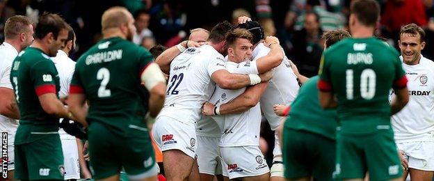 London Irish celebrate against Leicester Tigers