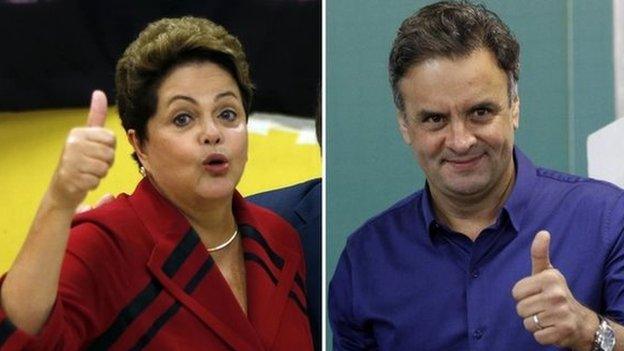 A combination photo shows presidential candidates President Dilma Rousseff (left)and Aecio Neves gesturing to photographers after voting on 5 October, 2014