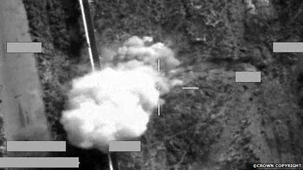 Screen shot of a strike on an IS armed pick-up truck, using a Brimstone missile