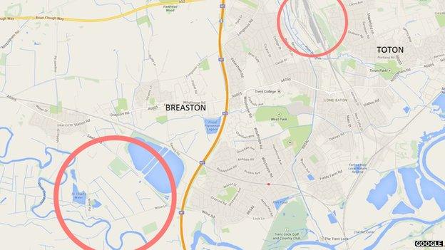 Google map showing Toton and Breaston