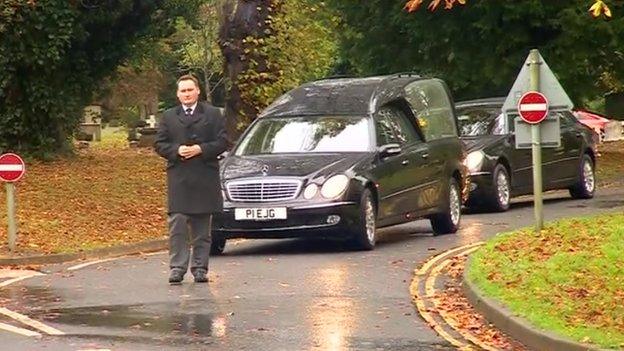 The funeral cortege arrives at Worcester Crematorium