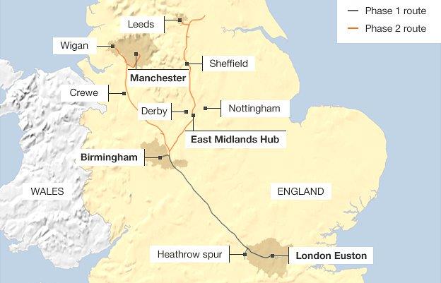 Map showing the route of phases 1 & 2 of the proposed HS2 rail service