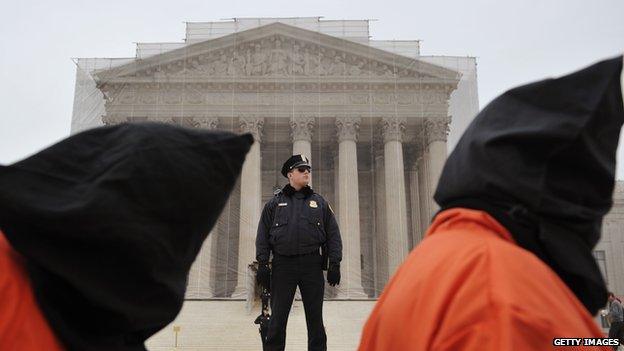 Protestors, shown here at the Supreme Court in 2013, have asked justices for better treatment of detainees