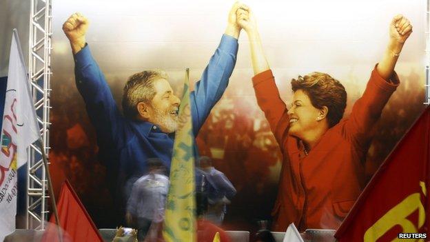 A poster of Brazil's President Dilma Rousseff (right) and former leader Luiz Inacio Lula da Silva in Sao Paulo. Photo: 9 October 2014