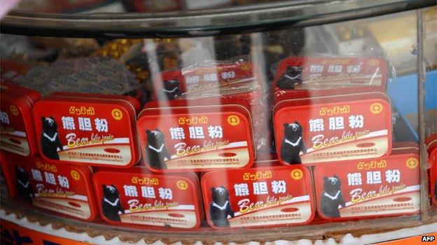 This picture taken on 11 March, 2011 shows boxes of bear bile powder displayed for sale at a Chinese-owned shop