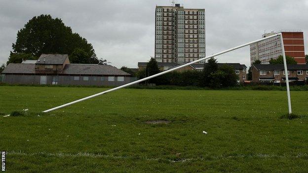 Broken football goalpost in Wythenshawe Park, Greater Manchester