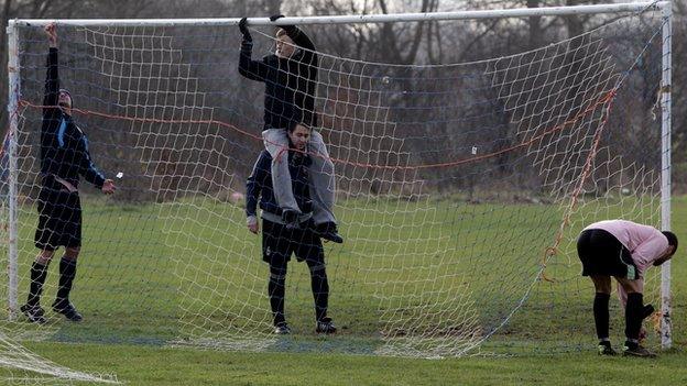 Hanging up the nets at Hackney Marshes