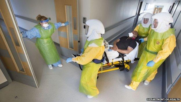 A patient on a trolley during an Ebola practice drill