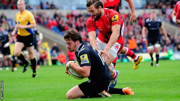 Adam Powell crosses for the first Falcons try against London Welsh