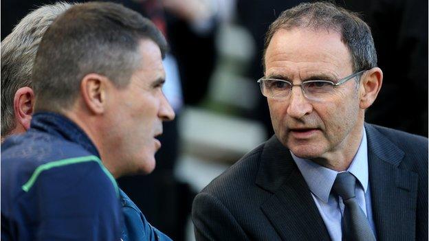 Republic manager Martin O'Neill talks to his assistant Roy Keane during Saturday's game