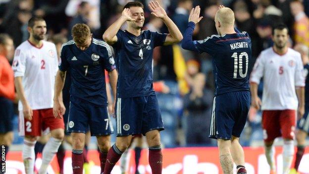 Russell Martin and Steven Naismith celebrate Scotland's win at full-time