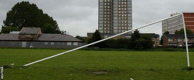 Broken football goalpost in Wythenshawe Park, Greater Manchester