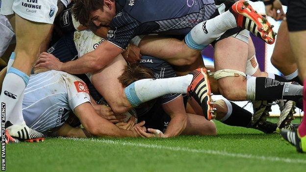 Ospreys put the Cardiff Blues try line under extreme pressure at the Liberty Stadium