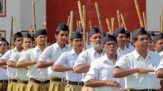 Members of the Rashtriya Swayamsevak Sangh (RSS), a Hindu fundamentalist and hardline organisation, participate in a path march on the occasion of Dussehra festival in Bhopal, India, 03 October 2014