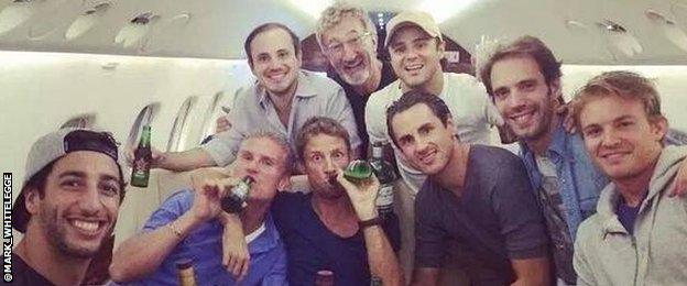 F1 figures (left to right) Daniel Ricciardo, David Coulthard, Jenson Button, Adrian Sutil, Jean-Eric Vergne, Nico Rosberg and (Back row) Dudu Massa, Eddie Jordan, Felipe Massa