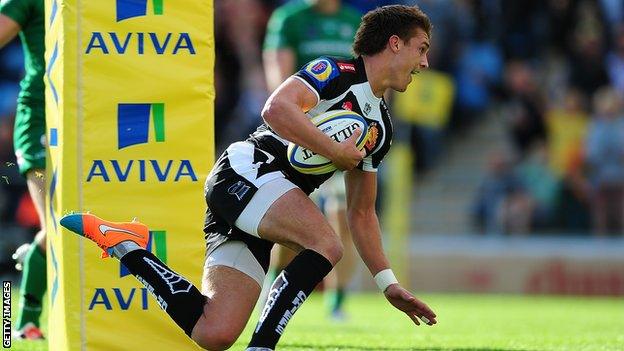 Henry Slade goes over against Newcastle
