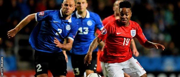 Sterling takes on a defender in England's 1-0 in Tallinn