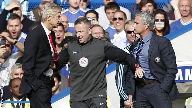 Wenger and Mourinho square up at Stamford Bridge during Chelsea's 2-0 win on 5 October