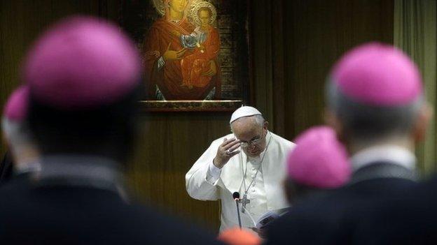 Pope Francis attends a morning session of a two-week synod on family issues at the Vatican, Monday 13 October