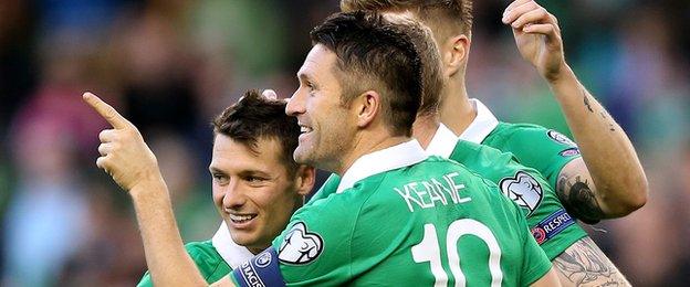 Robbie Keane celebrates scoring against Gibraltar but will he start in Gelsenkirchen?