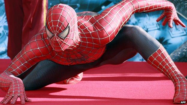 Marvel comics hero Spiderman poses for the press at the Universal Studios in Japan