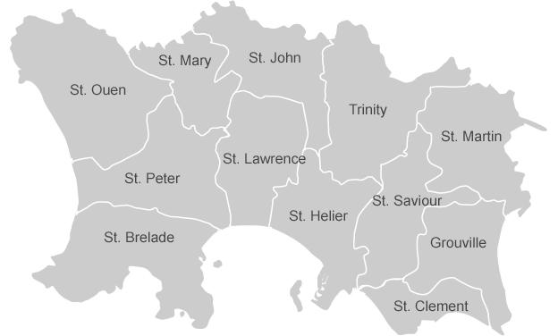 Map of Jersey showing the parish boundaries and names