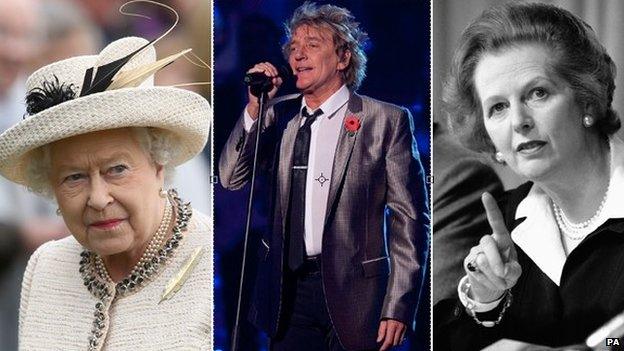 The Queen, Rod Stewart, Margaret Thatcher