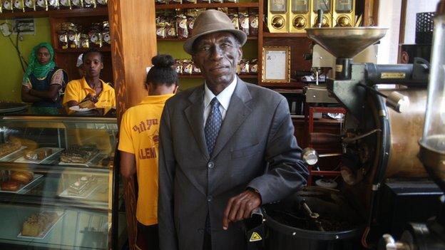 Getachew Woldetsadick, Alem Bunna's marketing manager, inside the cafe on Bole Road in Addis Ababa