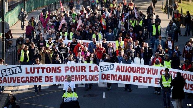 Employees of the Seita Imperial Tobacco plant demonstrate against the firm's redundancy plans in Nantes, western France. Photo: 14 October 2014