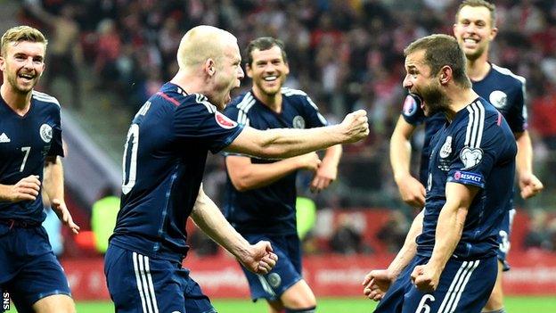 Scotland's goal heroes Steven Naismith and Shaun Maloney celebrate after the former made it 2-1