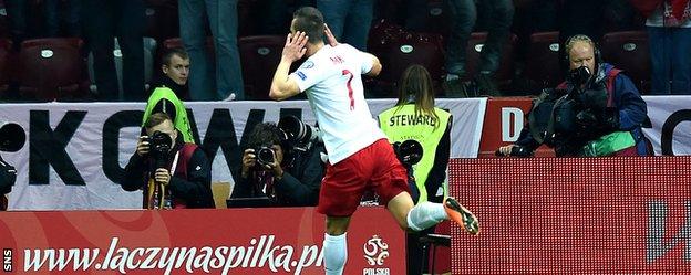 Arkadiusz Milik celebrates after scoring for for Poland against Scotland