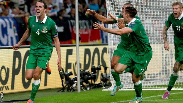 A delighted John Shea celebrates his third goal for the Republic of Ireland