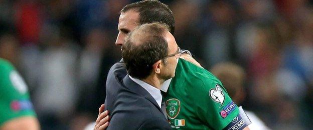 A well deserved hug from Martin O'Neill as the Republic remain unbeaten in Group D