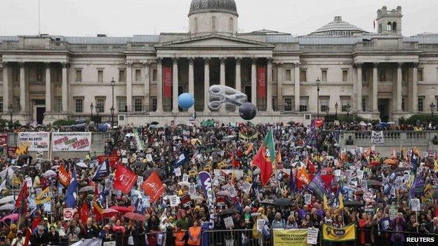 Striking public sector workers protest in Trafalgar Square in central London July 10, 2014