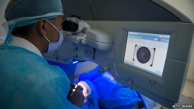 A doctor performing eye surgery