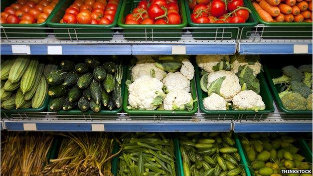 Vegetables on display in a supermarket