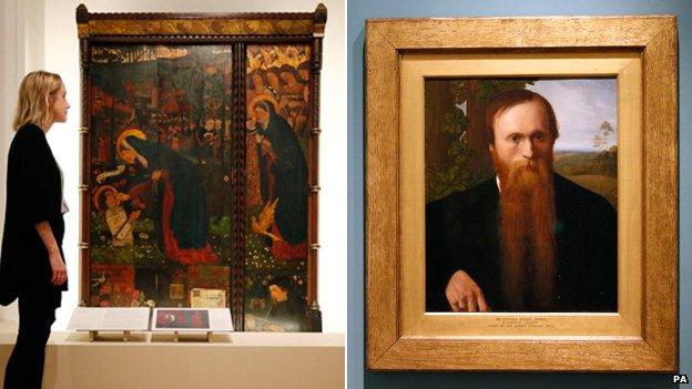 Edward Burne-Jones' Prioress's Tale wardrobe (left) and a portrait by Alphonse Legos (right)