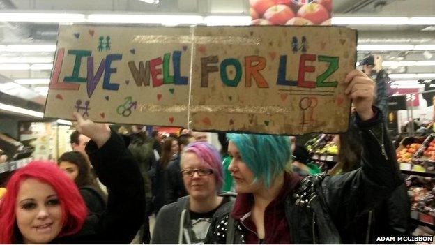 Protesters inside the Sainsbury's store