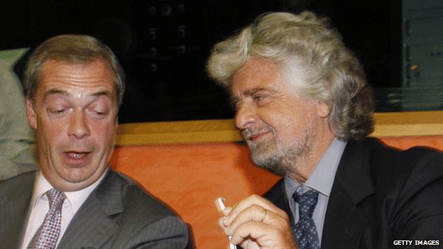 Nigel Farage (left) with Beppe Grillo at the European Parliament in Strasbourg, 1 July