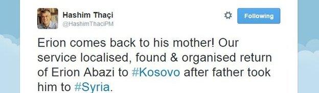 Hashim Thaci's tweet