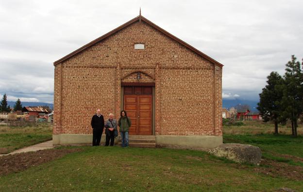 Prof Wyn James (left) Prof Bill Jones and Dr Walter Brooks, Cardiff University, outside Bethel Welsh chapel, Patagonia