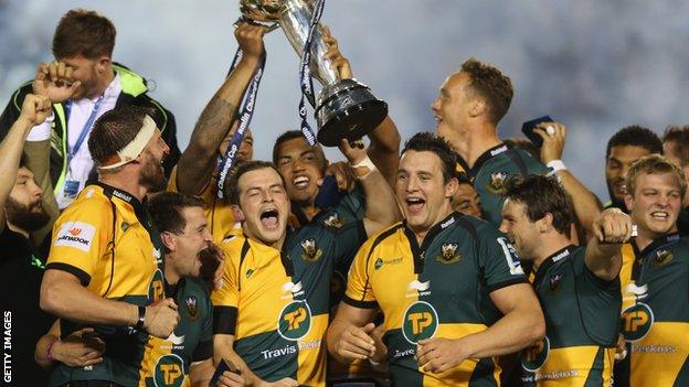 Northampton Saints celebrate winning the Challenge Cup