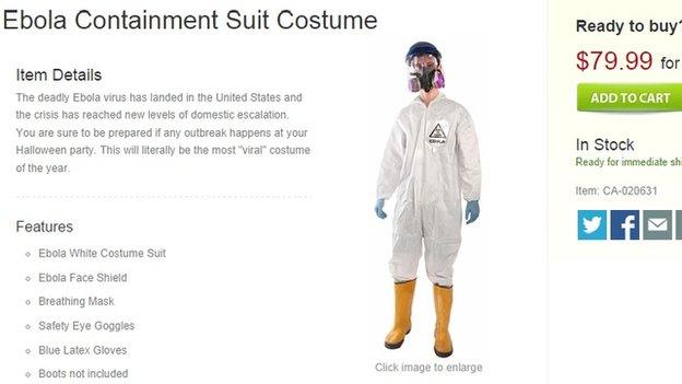 A website selling an "Ebola containment suit costume" for $79.99