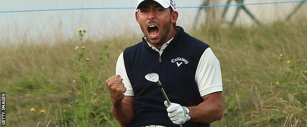 Pablo Larrazabal celebrates his win over Stephen Gallacher