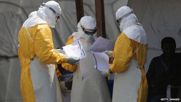 Medicins Sans Frontieres staff at the Ebola treatment centre in Paynesville, Liberia on 16 October 2014