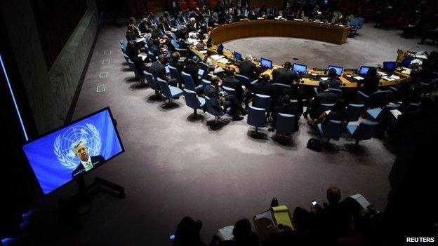 UN Ebola mission chief Anthony Banbury speaks to the UN Security Council in New York via a video link - 14 October 2014