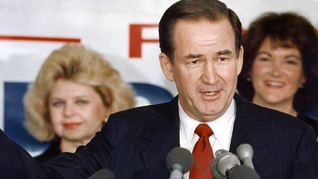 Patrick Buchanan speaks at a campaign event in 1991