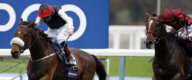 Forgotten Rules (left) ridden by Pat Smullen beats Pallasator ridden by Andrea Atzeni to win the Long Distance Cup