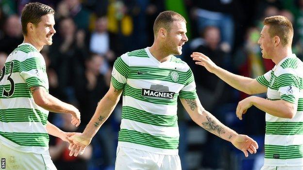 Anthony Stokes, centre, takes the plaudits from Callum McGregor and Mikael Lustig after scoring Celtic's third